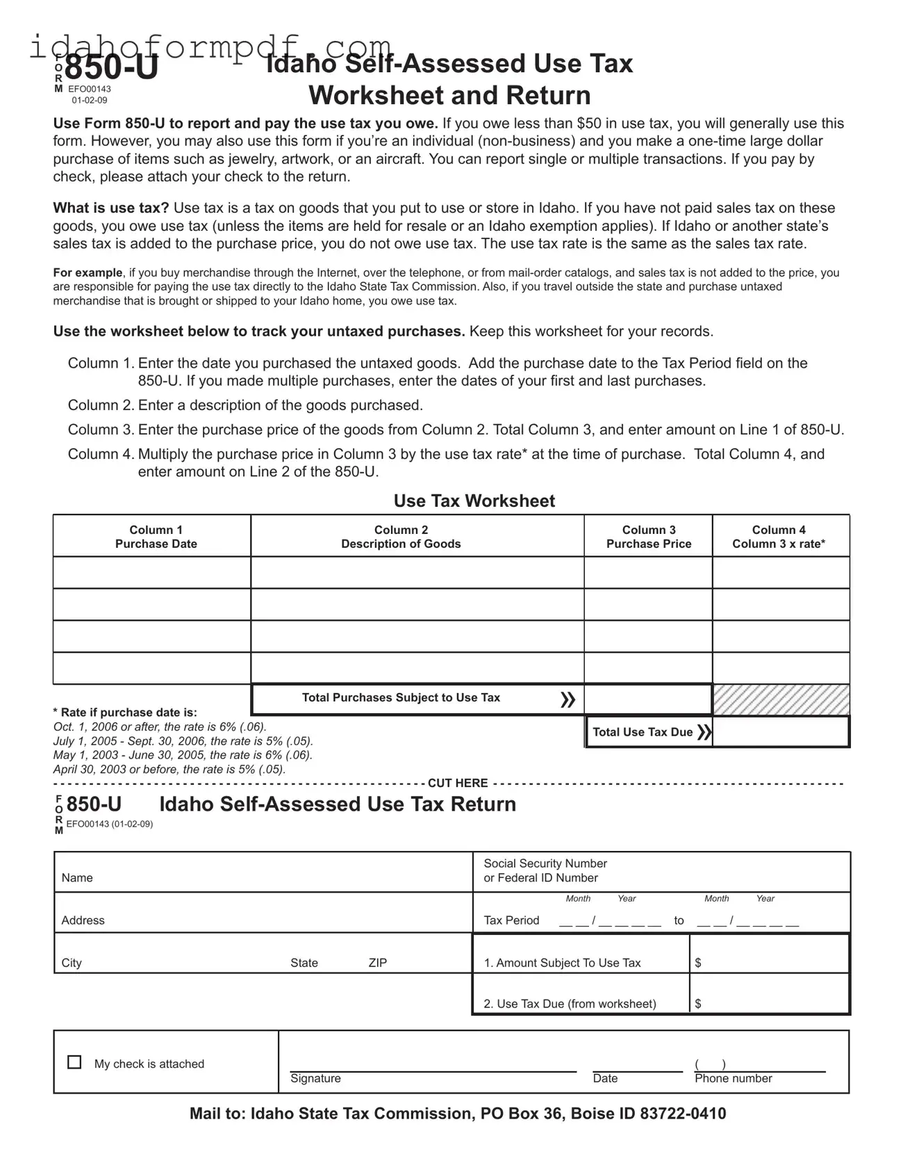 Fill in a Valid Idaho 850 U Template