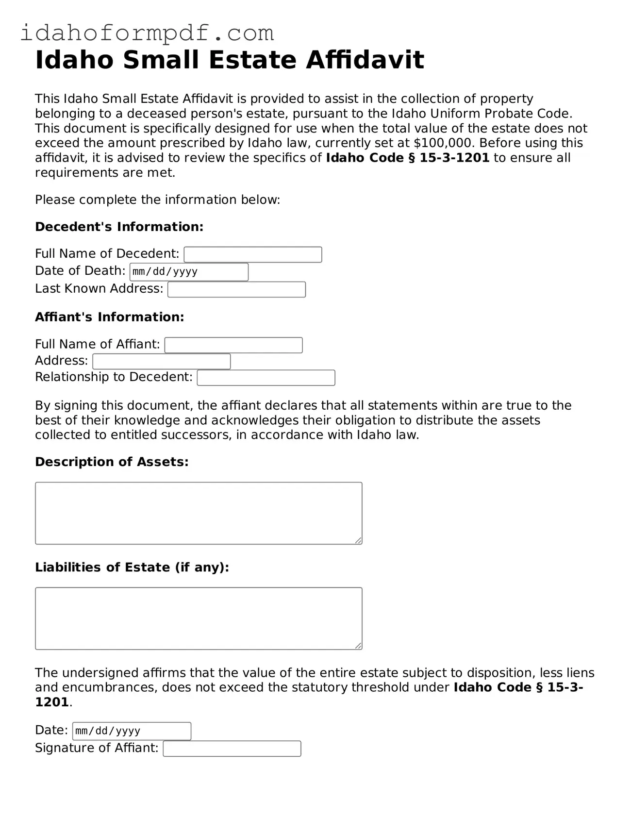 Attorney-Approved  Small Estate Affidavit Template for Idaho