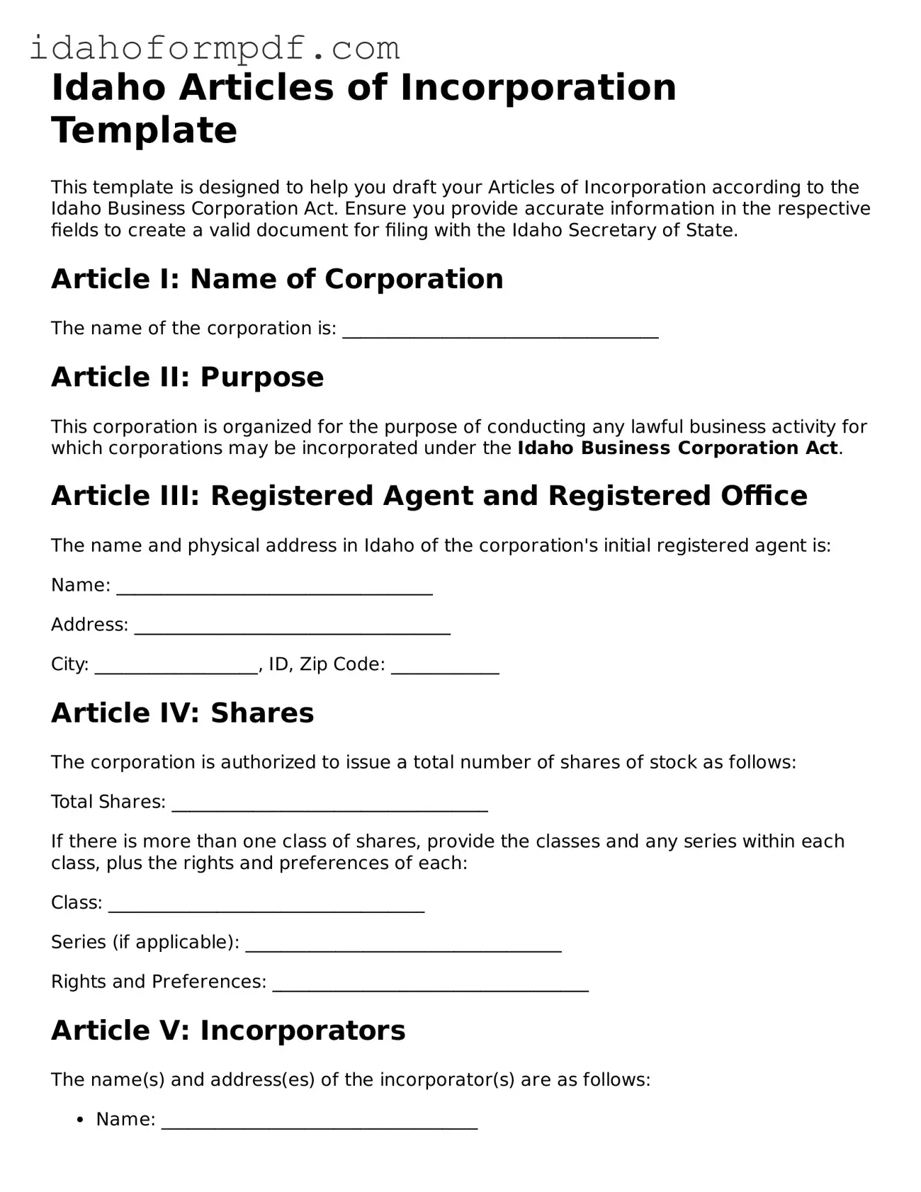 Attorney-Approved  Articles of Incorporation Template for Idaho
