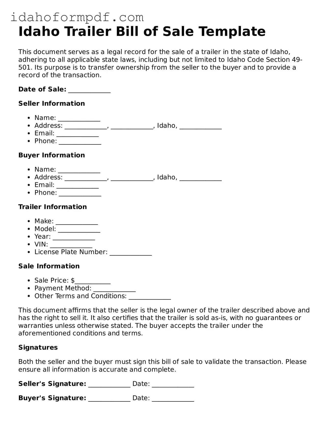 Attorney-Approved  Trailer Bill of Sale Template for Idaho