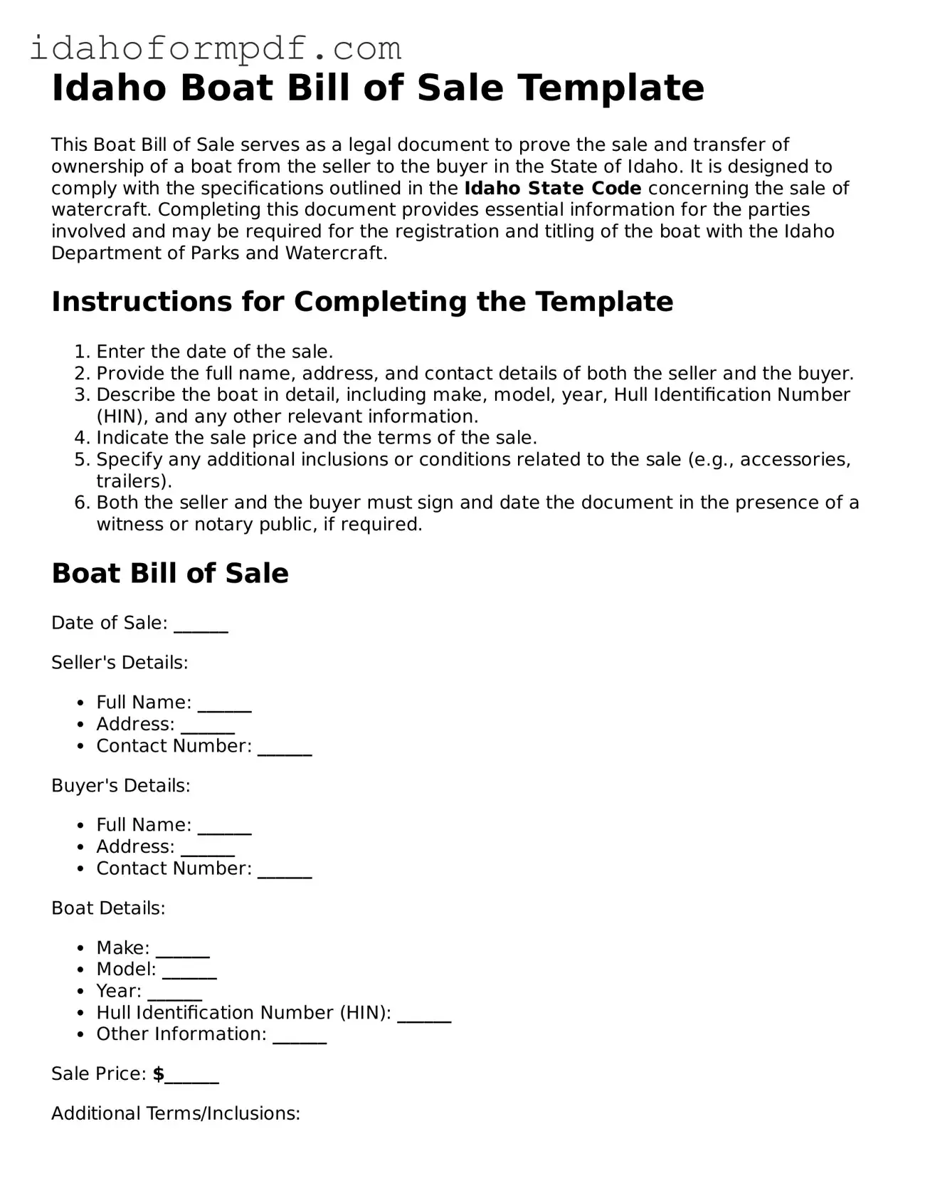 Attorney-Approved  Boat Bill of Sale Template for Idaho