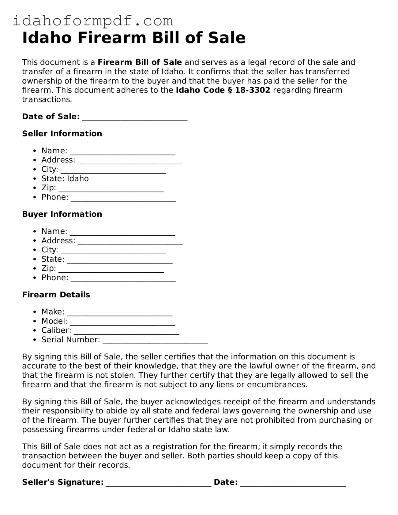 Attorney-Approved  Firearm Bill of Sale Template for Idaho