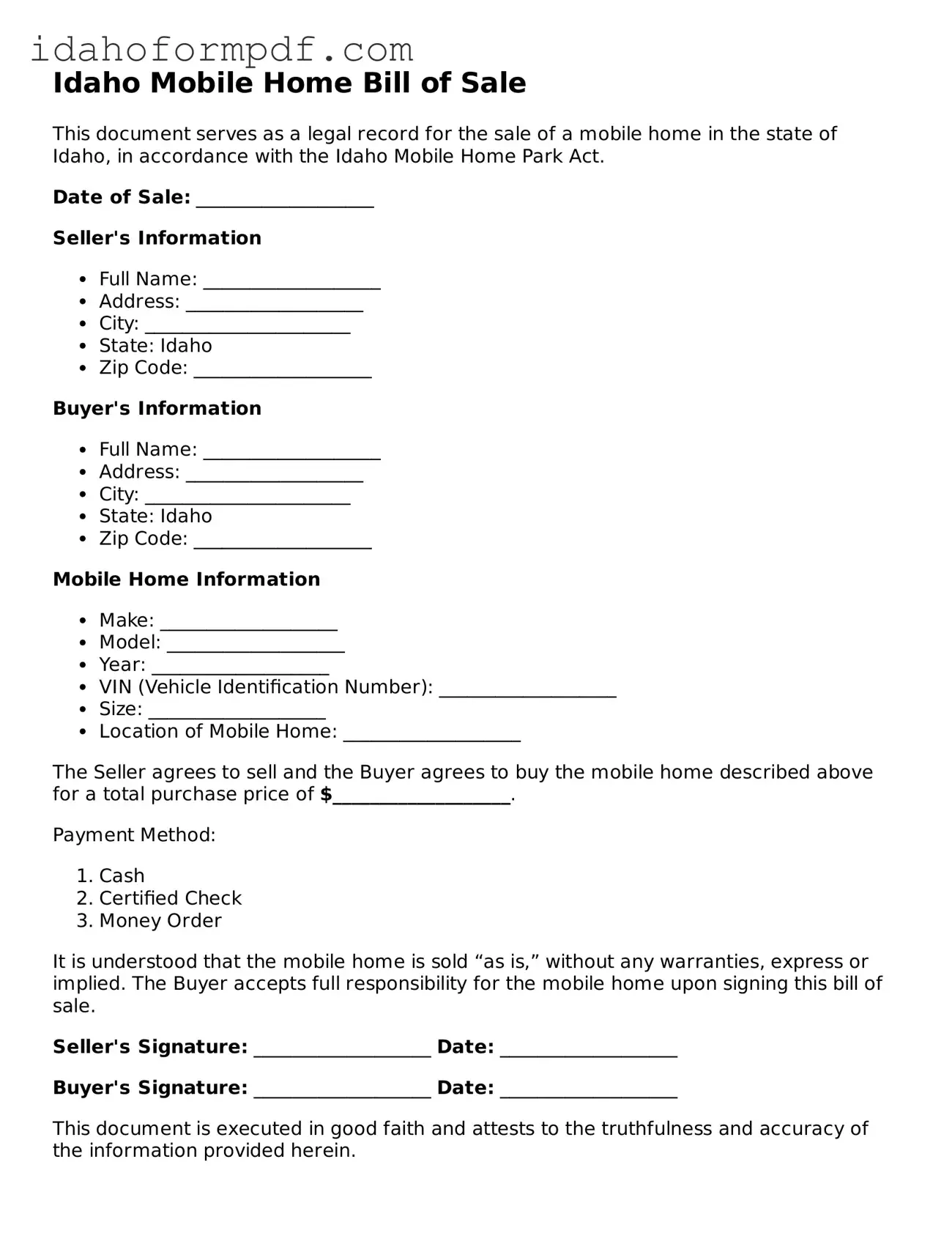 Attorney-Approved  Mobile Home Bill of Sale Template for Idaho