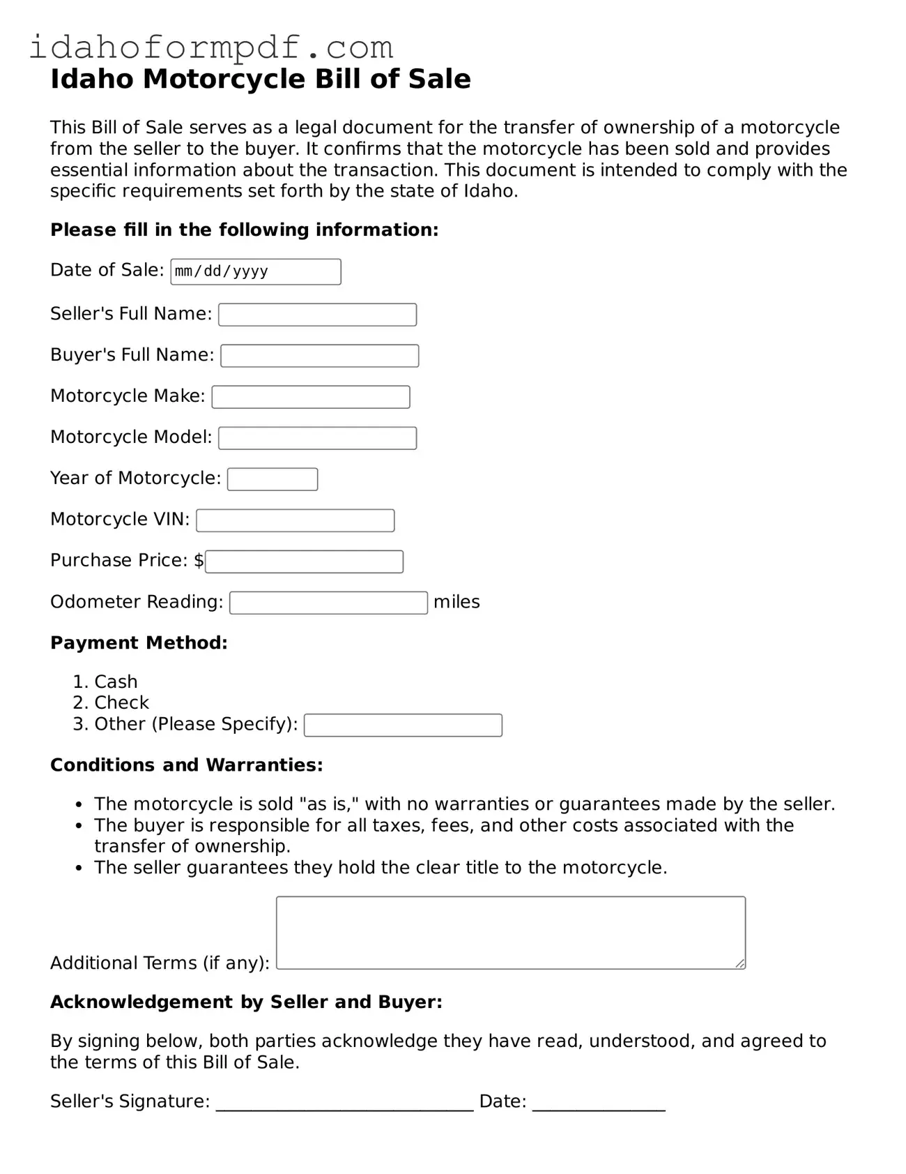 Attorney-Approved  Motorcycle Bill of Sale Template for Idaho