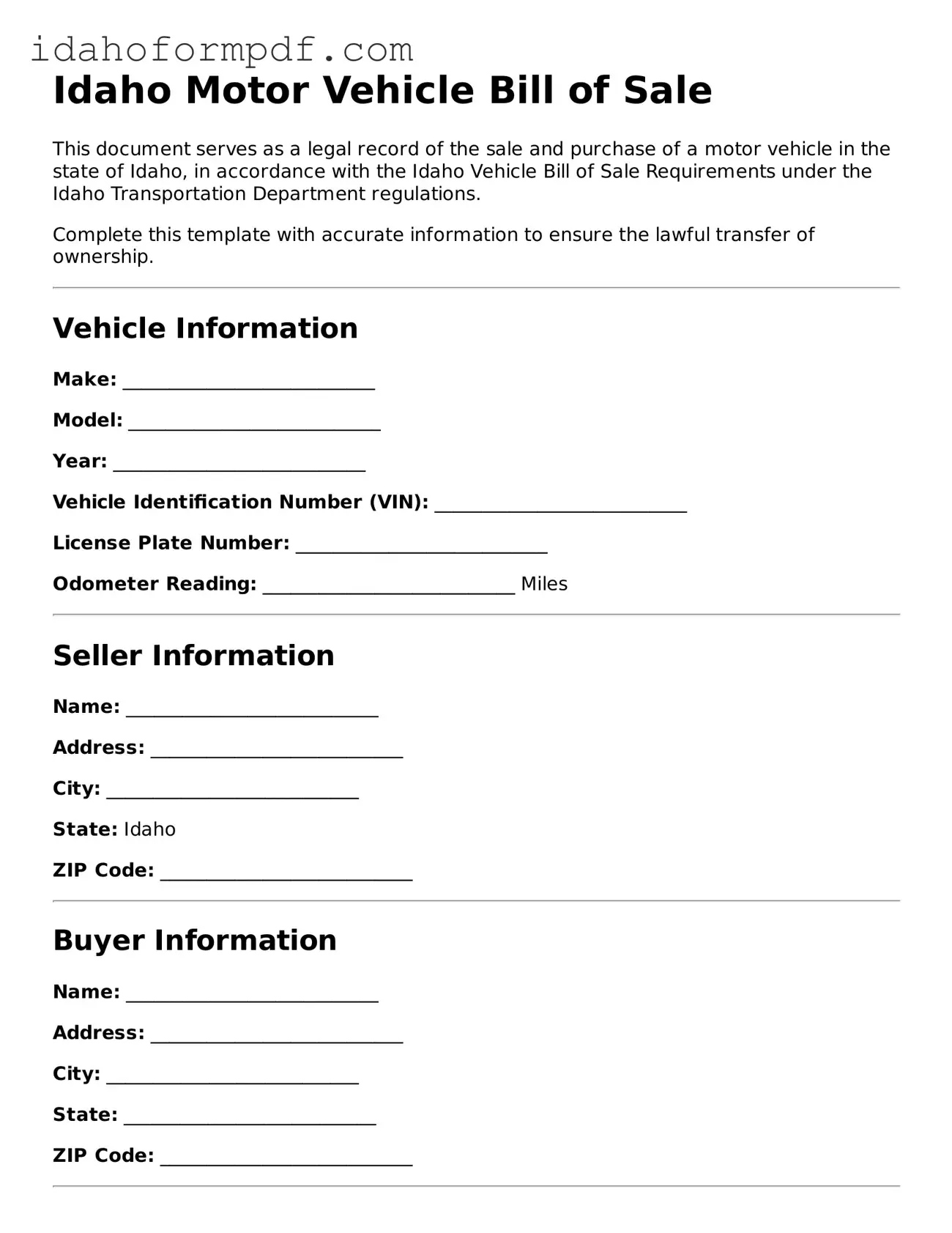 Attorney-Approved  Motor Vehicle Bill of Sale Template for Idaho