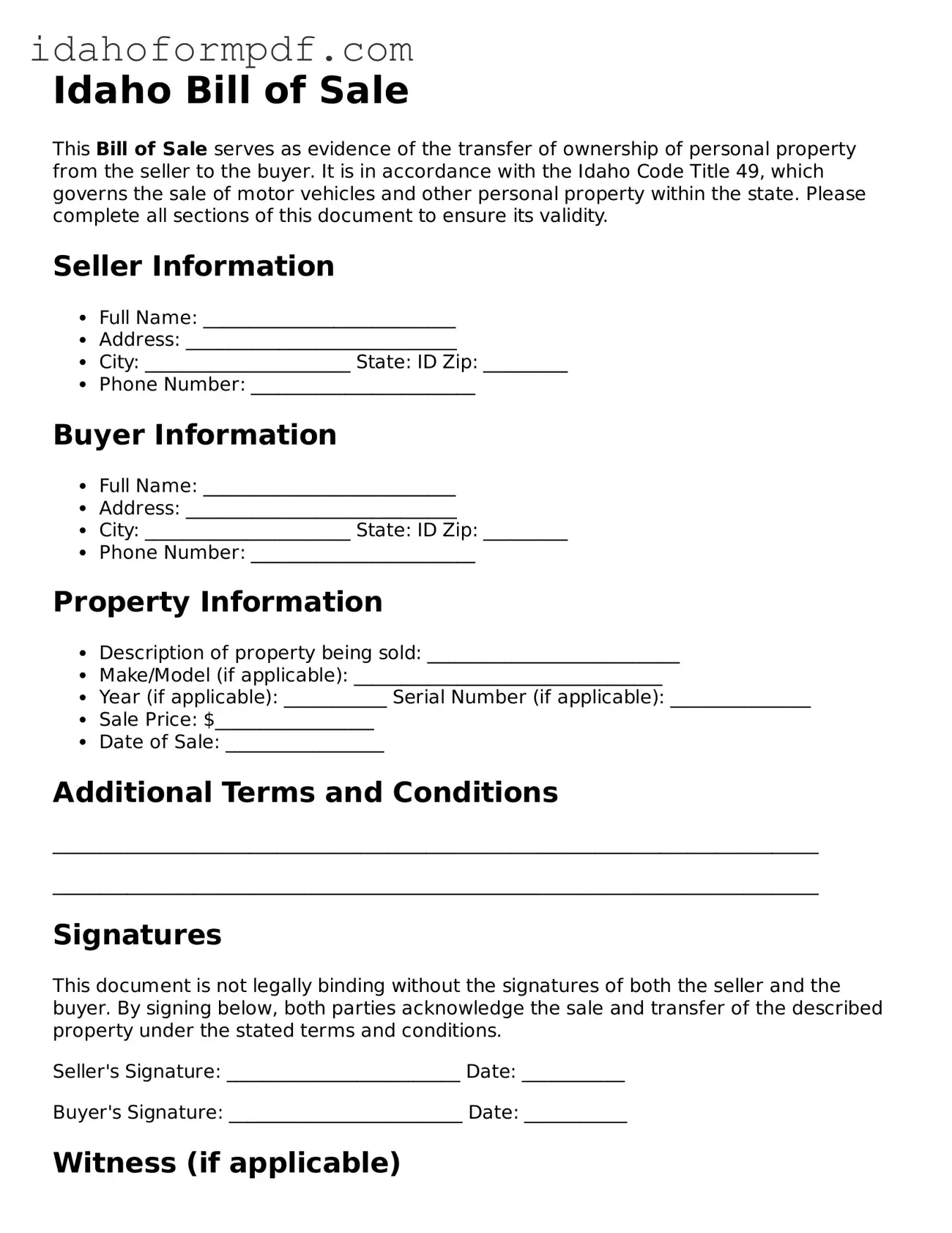 Attorney-Approved  Bill of Sale Template for Idaho