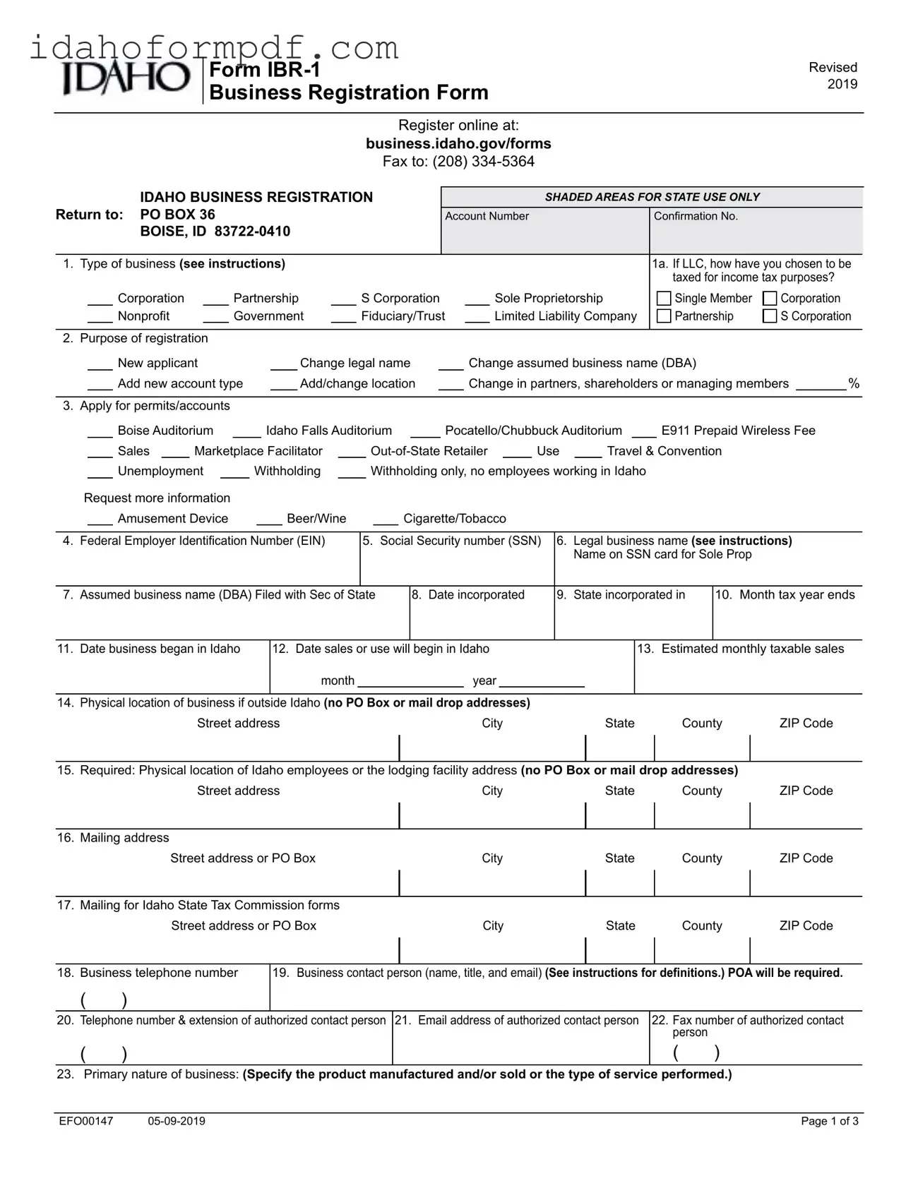 Fill in a Valid Idaho Business Registration Template
