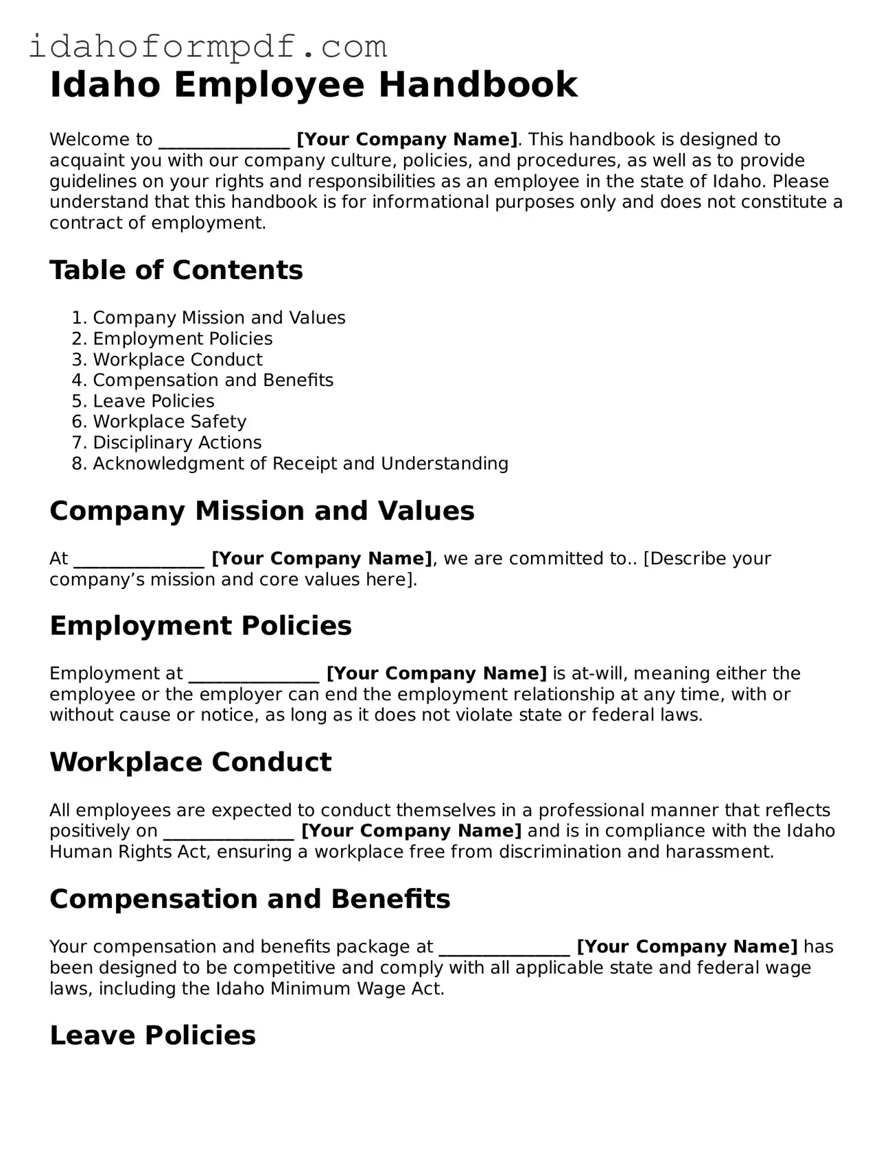 Attorney-Approved  Employee Handbook Template for Idaho