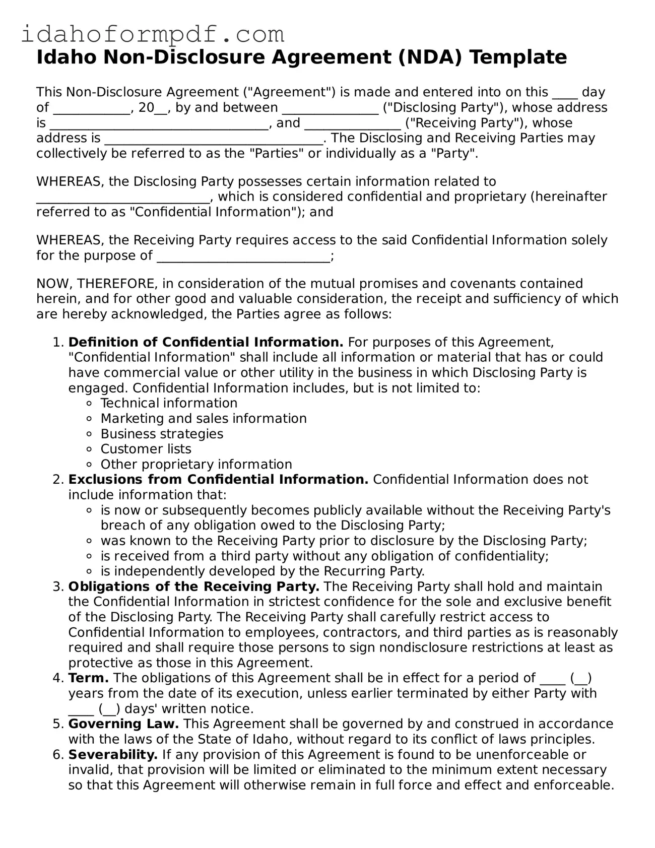 Attorney-Approved  Non-disclosure Agreement Template for Idaho