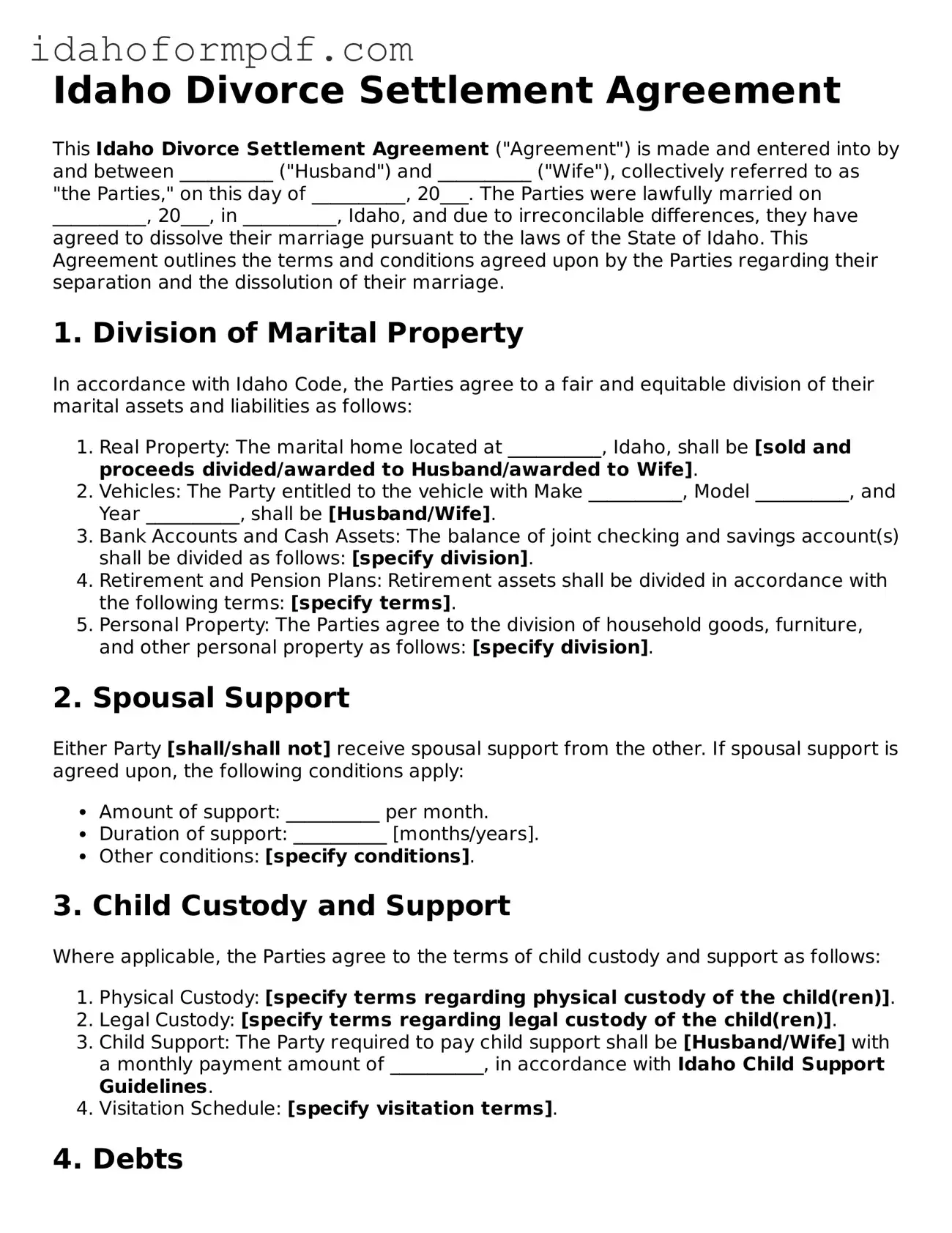 Attorney-Approved  Divorce Settlement Agreement Template for Idaho