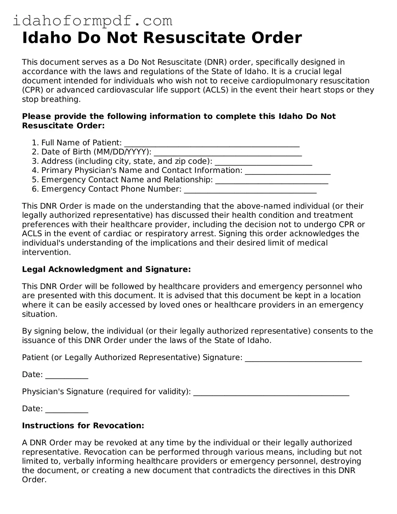 Attorney-Approved  Do Not Resuscitate Order Template for Idaho