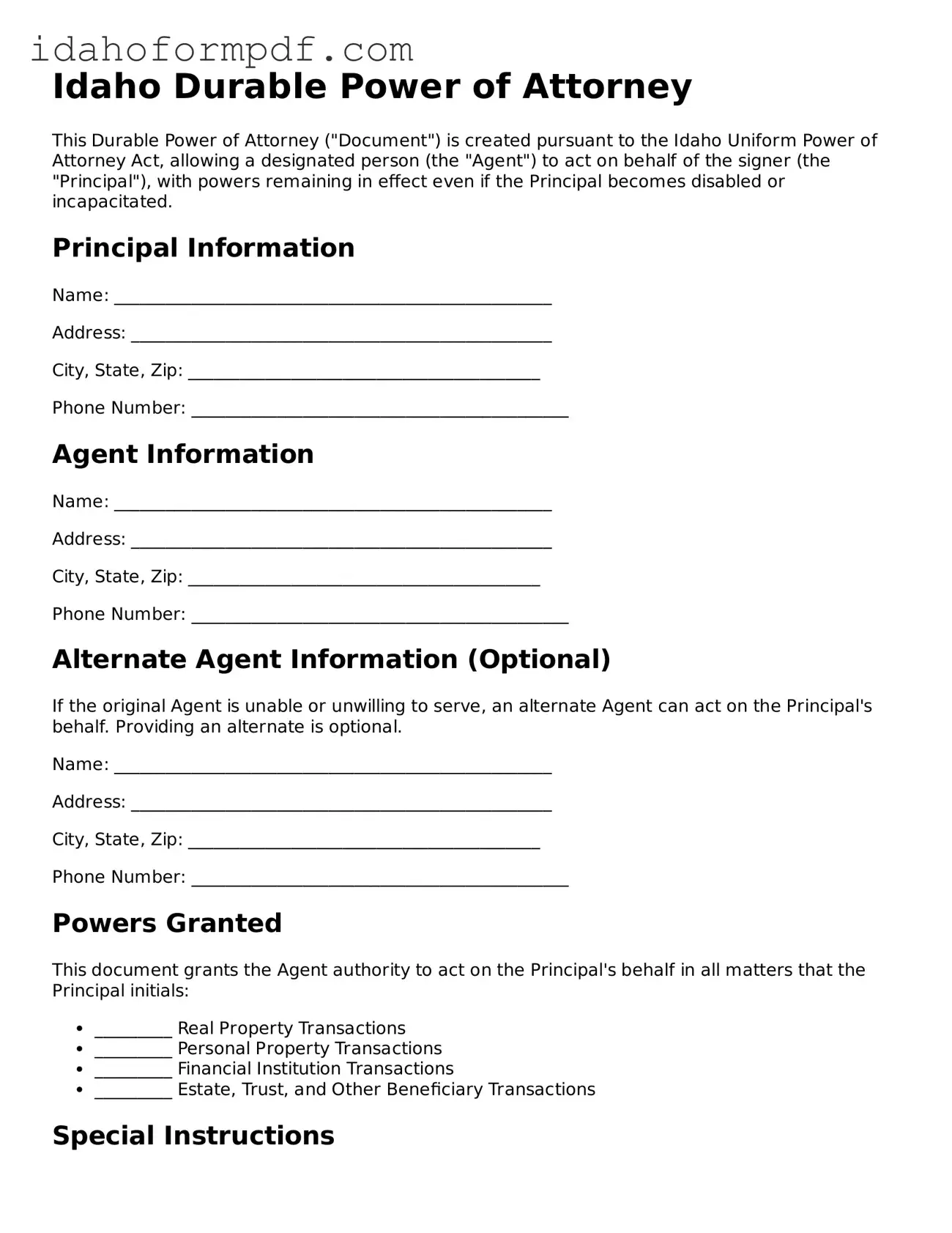 Attorney-Approved  Durable Power of Attorney Template for Idaho