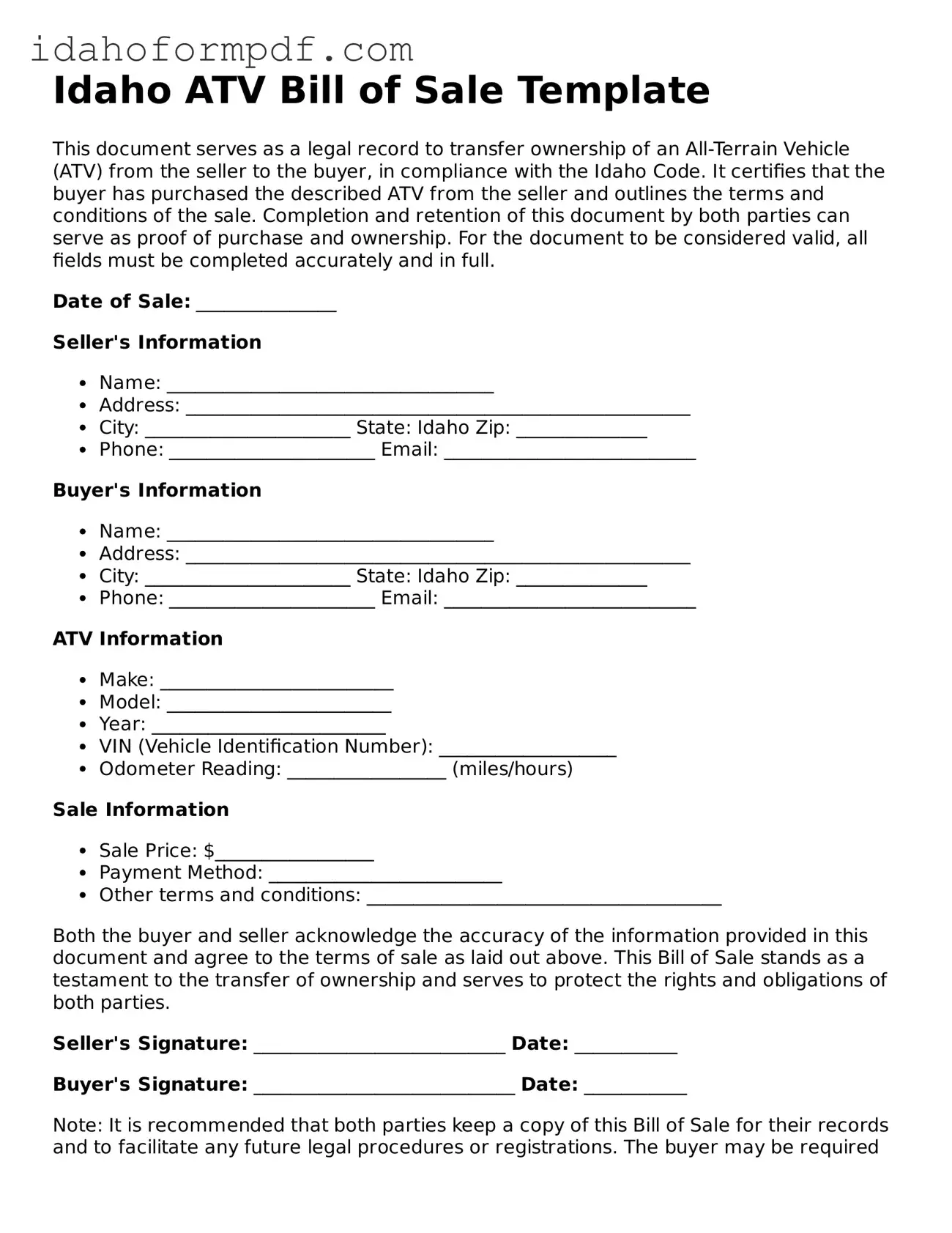Attorney-Approved  ATV Bill of Sale Template for Idaho