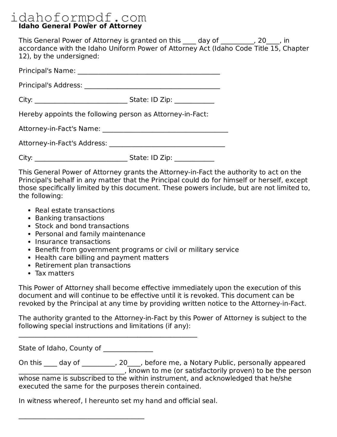 Attorney-Approved  General Power of Attorney Template for Idaho