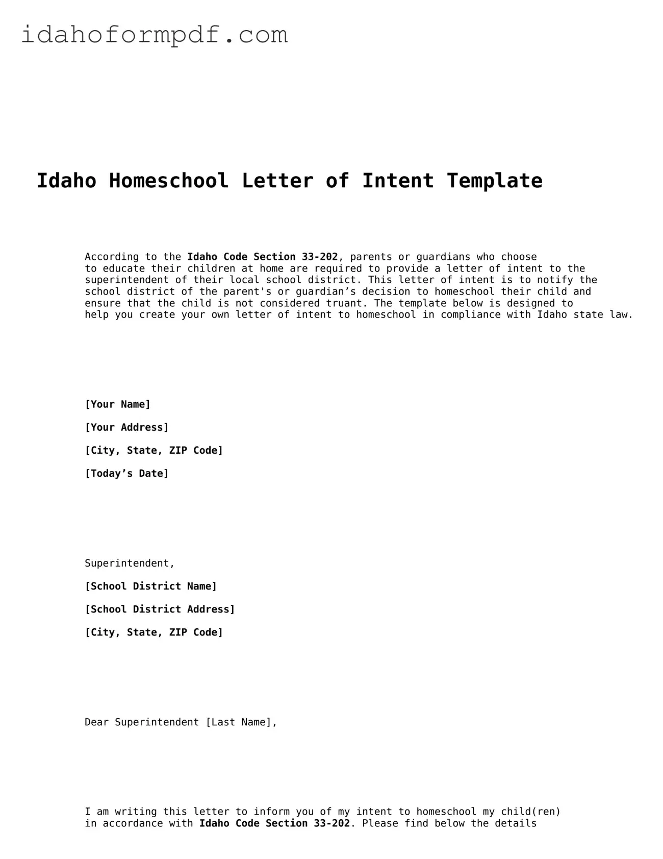 Attorney-Approved  Homeschool Letter of Intent Template for Idaho