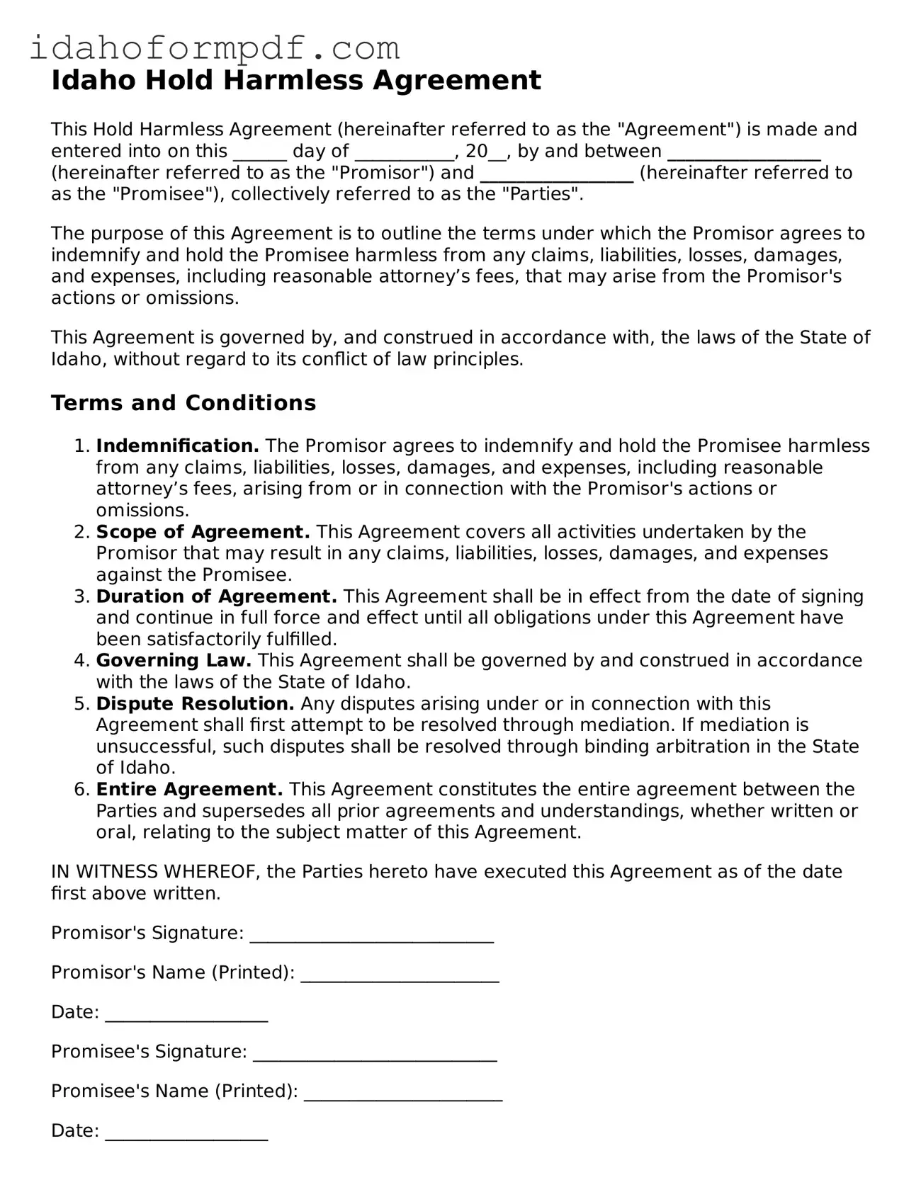 Attorney-Approved  Hold Harmless Agreement Template for Idaho