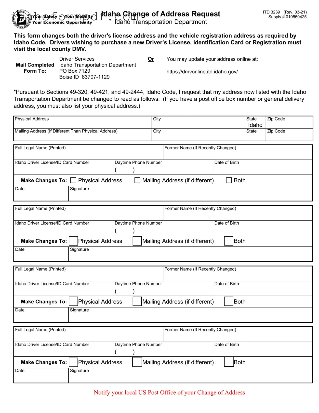 Fill in a Valid Idaho Itd 3239 Template