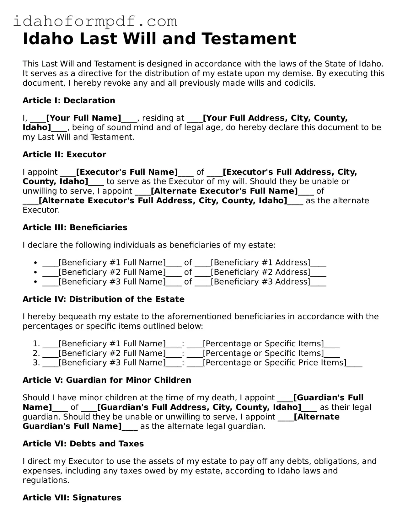 Attorney-Approved  Last Will and Testament Template for Idaho