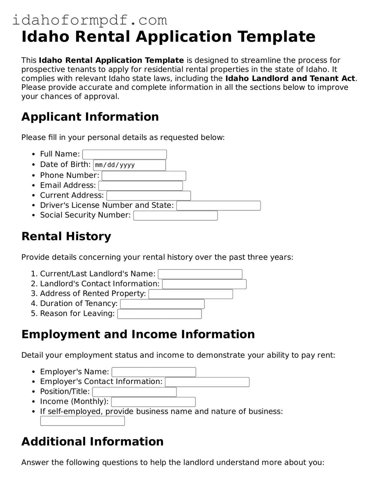 Attorney-Approved  Rental Application Template for Idaho