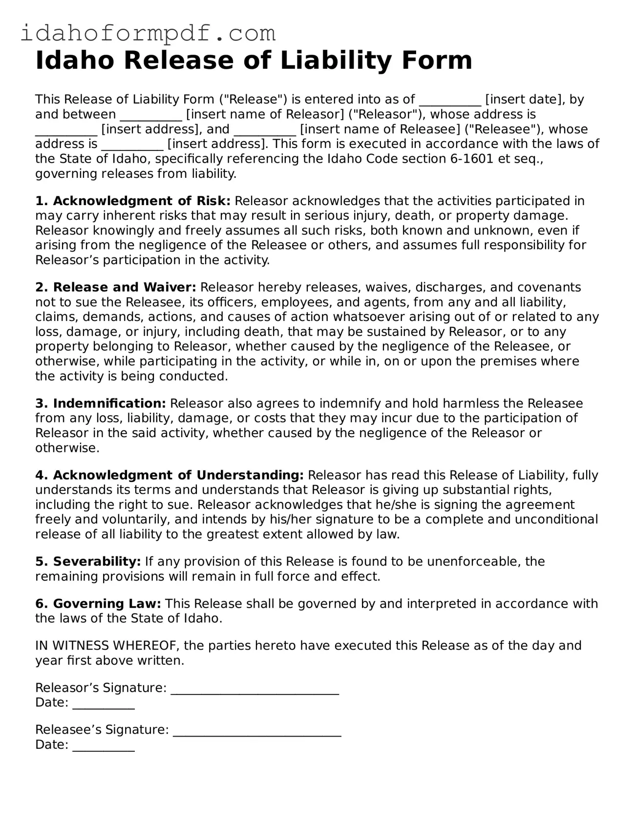 Attorney-Approved  Release of Liability Template for Idaho
