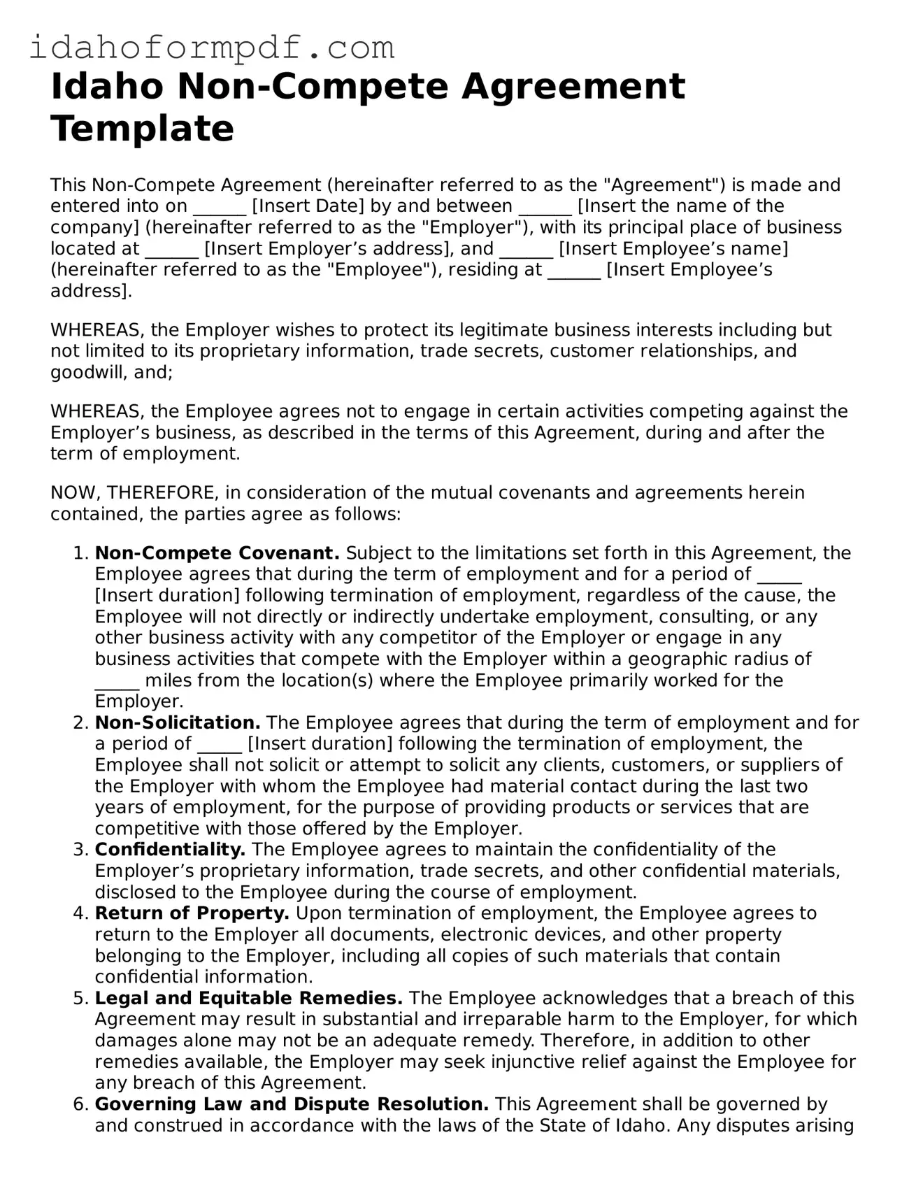 Attorney-Approved  Non-compete Agreement Template for Idaho