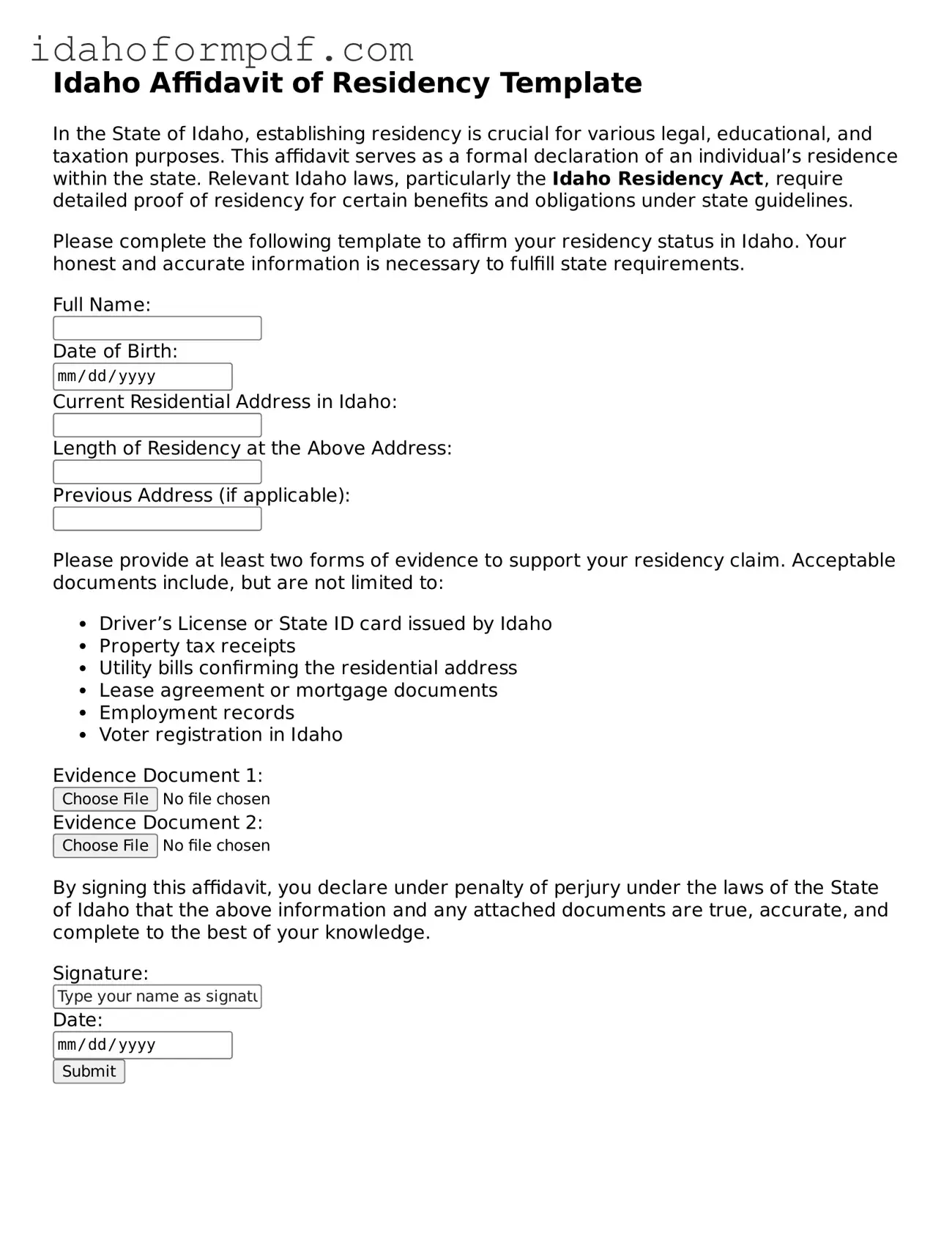 Attorney-Approved  Affidavit of Residency Template for Idaho