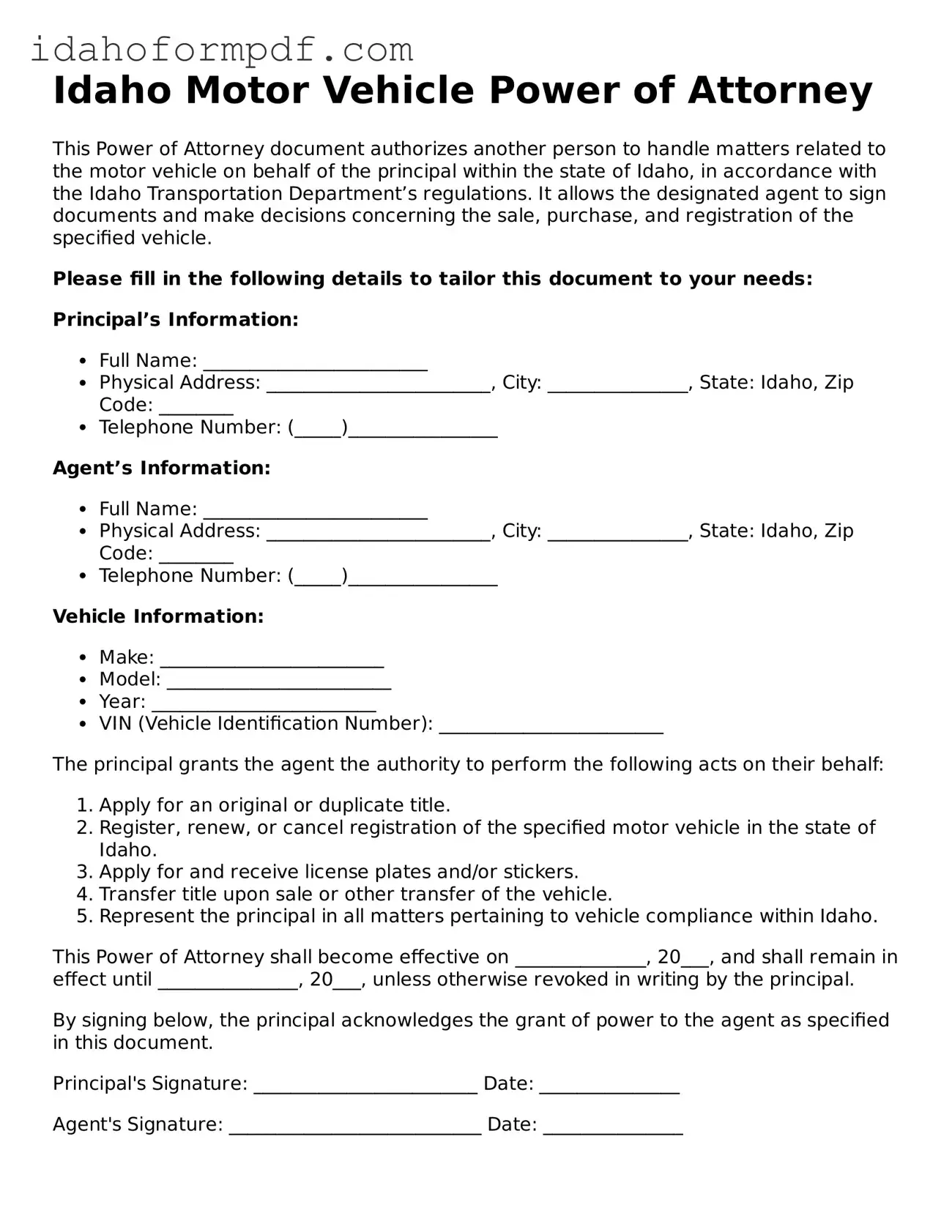 Attorney-Approved  Motor Vehicle Power of Attorney Template for Idaho