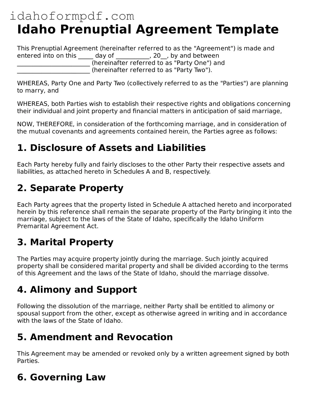 Attorney-Approved  Prenuptial Agreement Template for Idaho