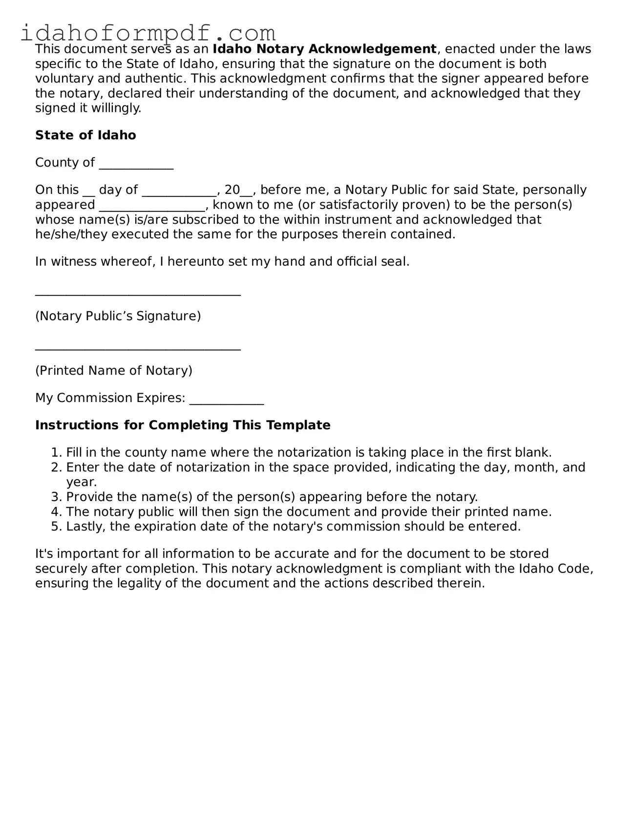 Attorney-Approved  Notary Acknowledgement Template for Idaho