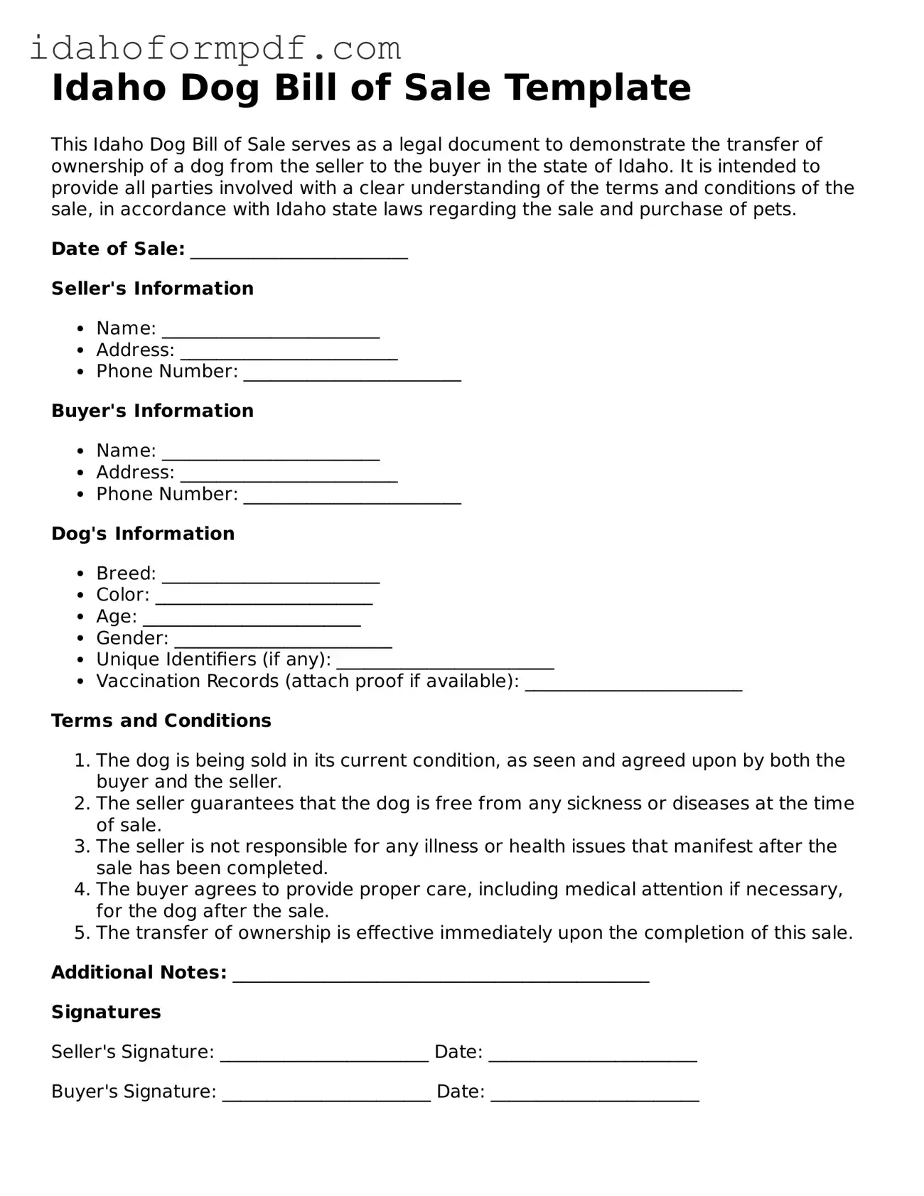 Attorney-Approved  Dog Bill of Sale Template for Idaho