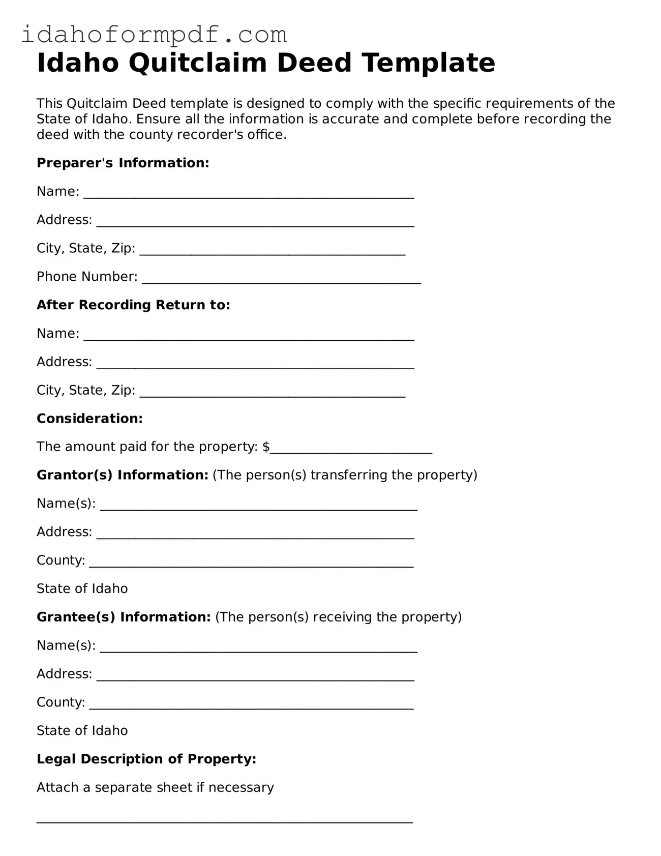 Attorney-Approved  Quitclaim Deed Template for Idaho