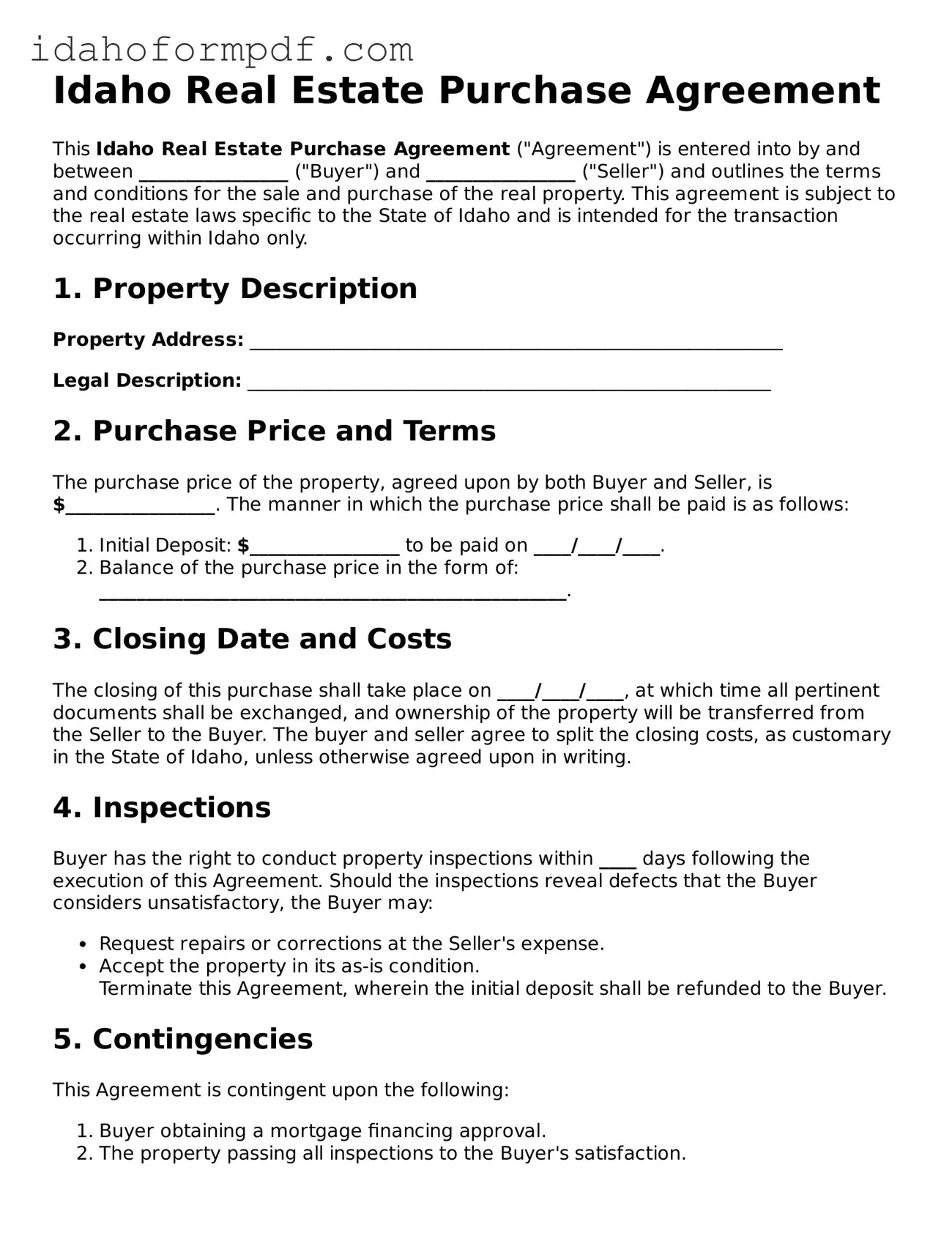 Attorney-Approved  Real Estate Purchase Agreement Template for Idaho