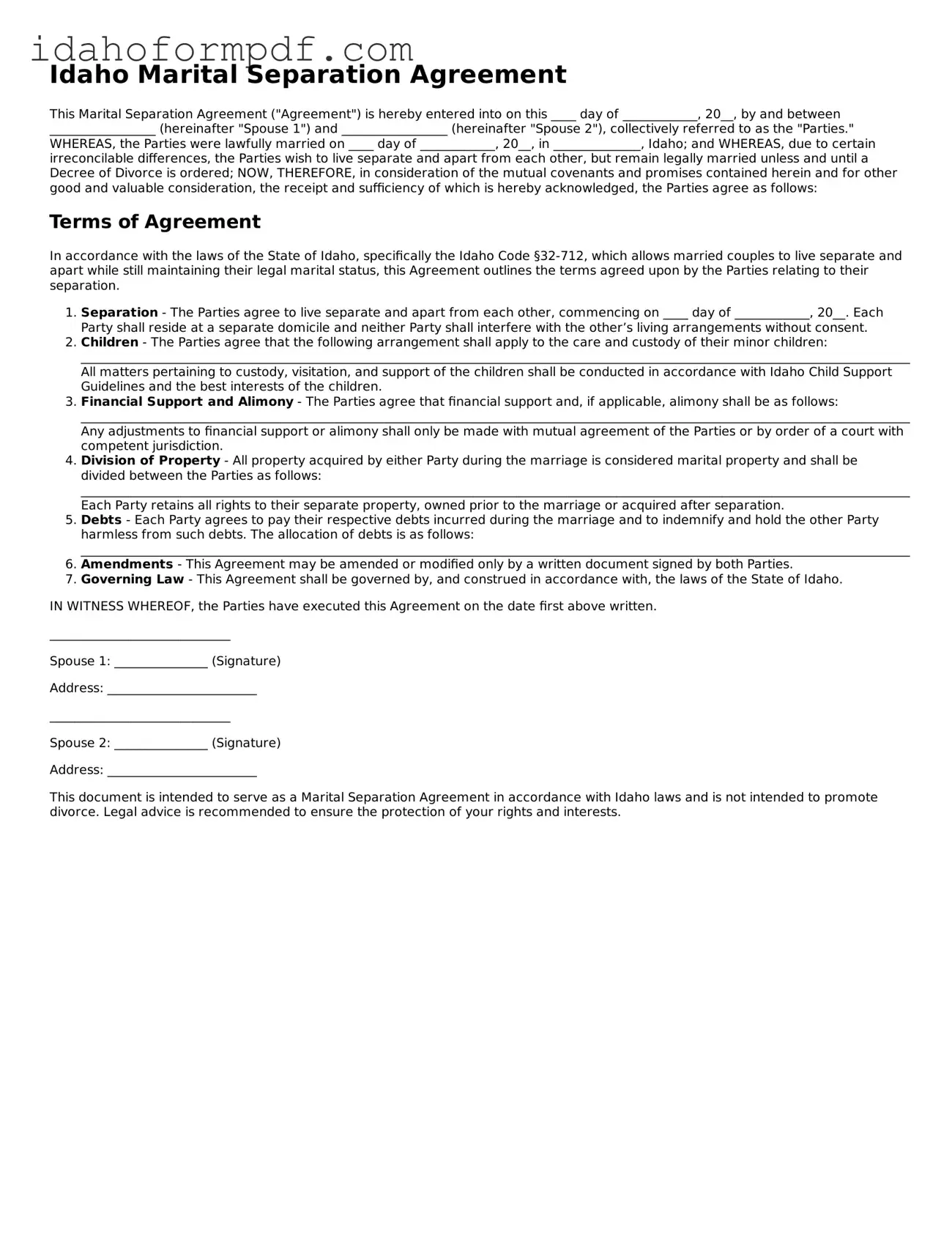 Attorney-Approved  Marital Separation Agreement Template for Idaho