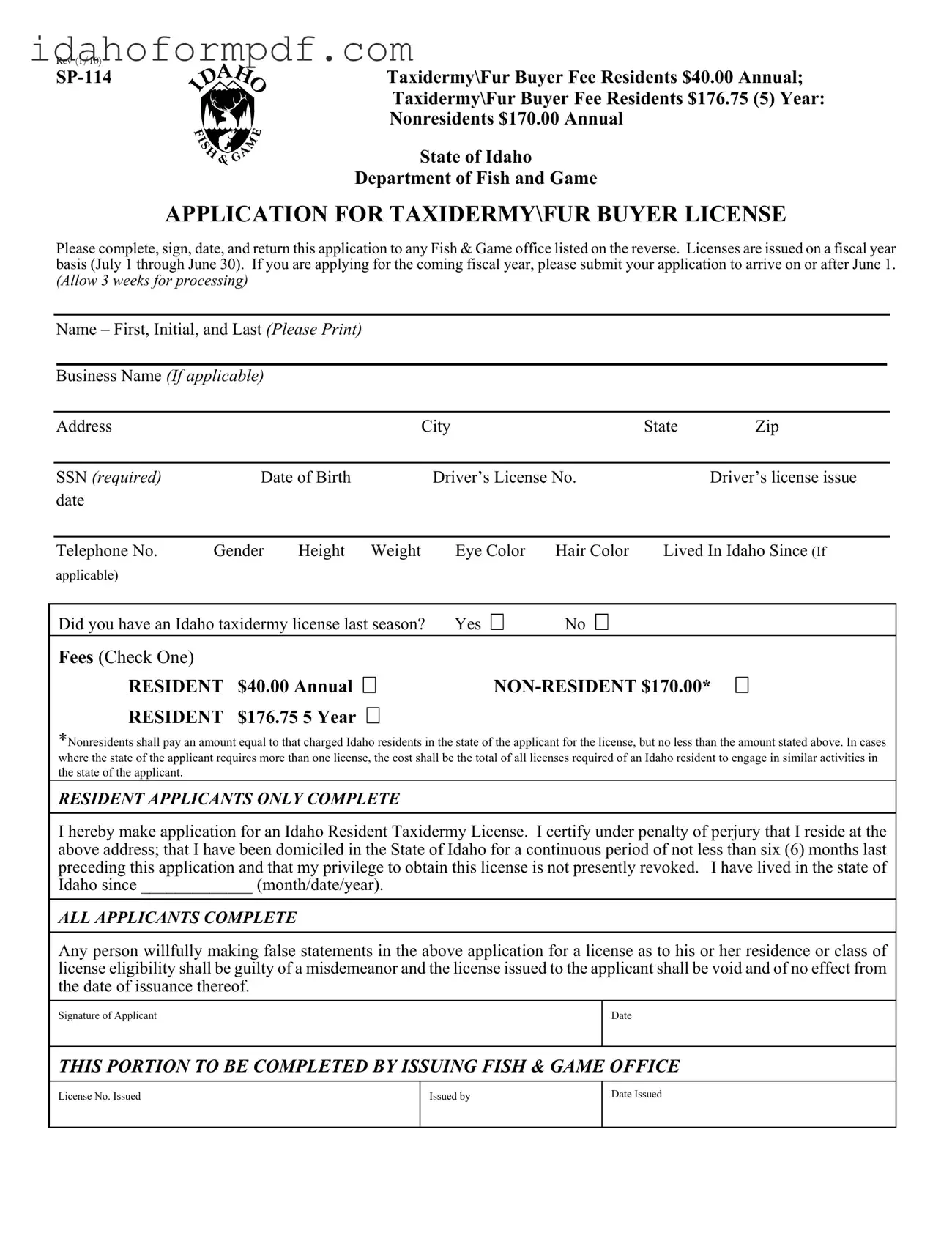 Fill in a Valid Idaho Sp 114 Template