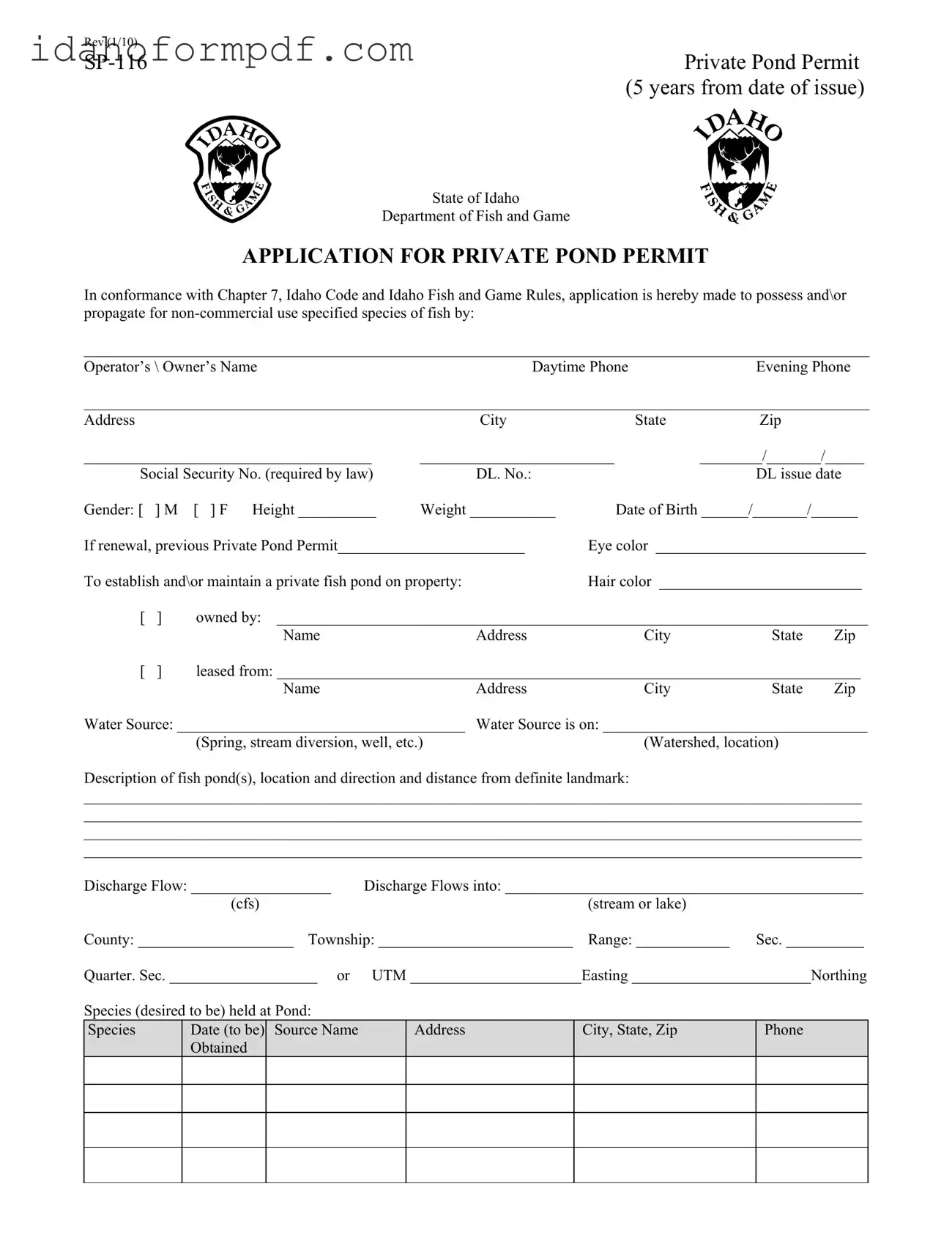 Fill in a Valid Idaho Sp 116 Template