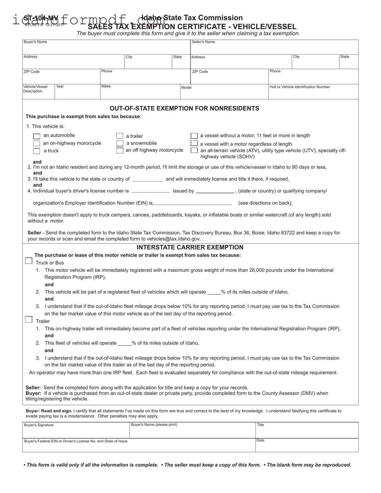 Fill in a Valid Idaho St 104 Mv Template