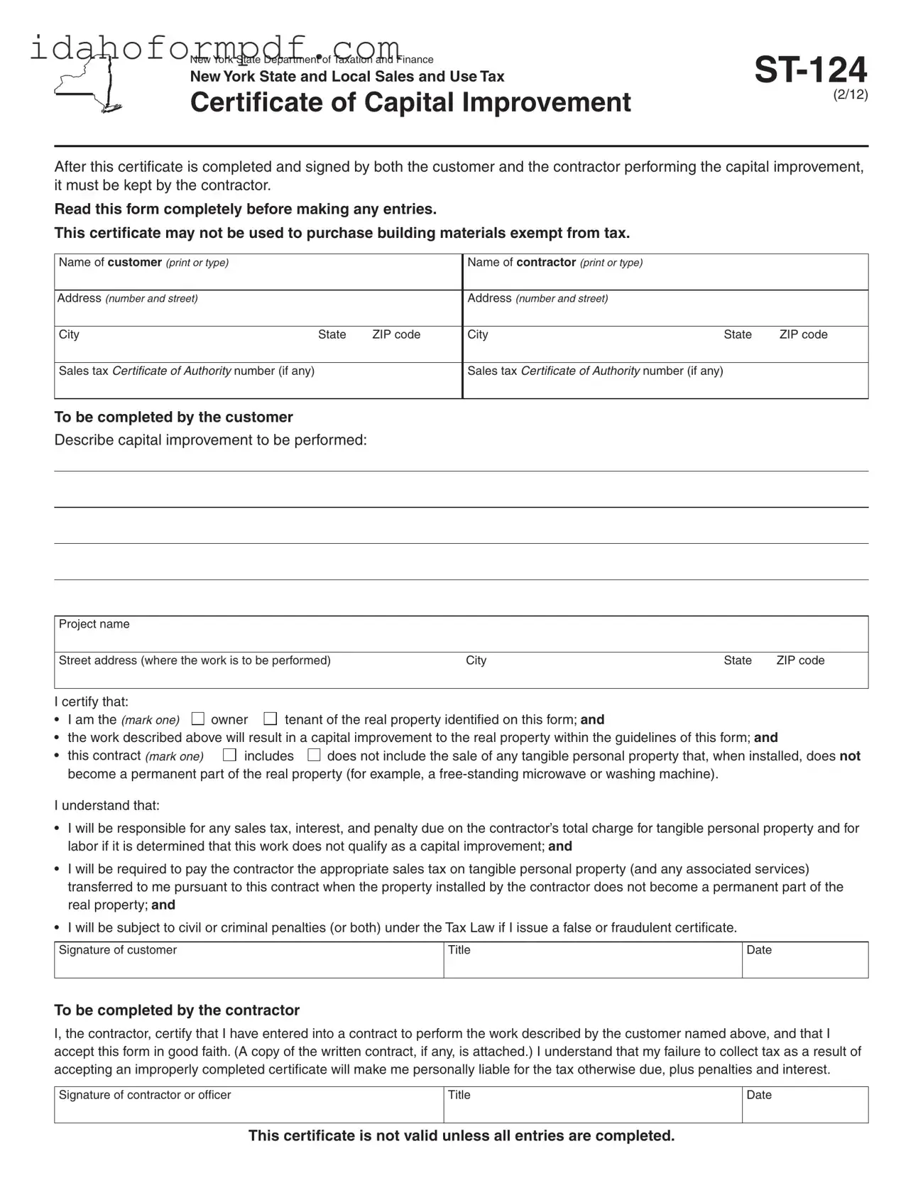 Fill in a Valid Idaho St 124 Template
