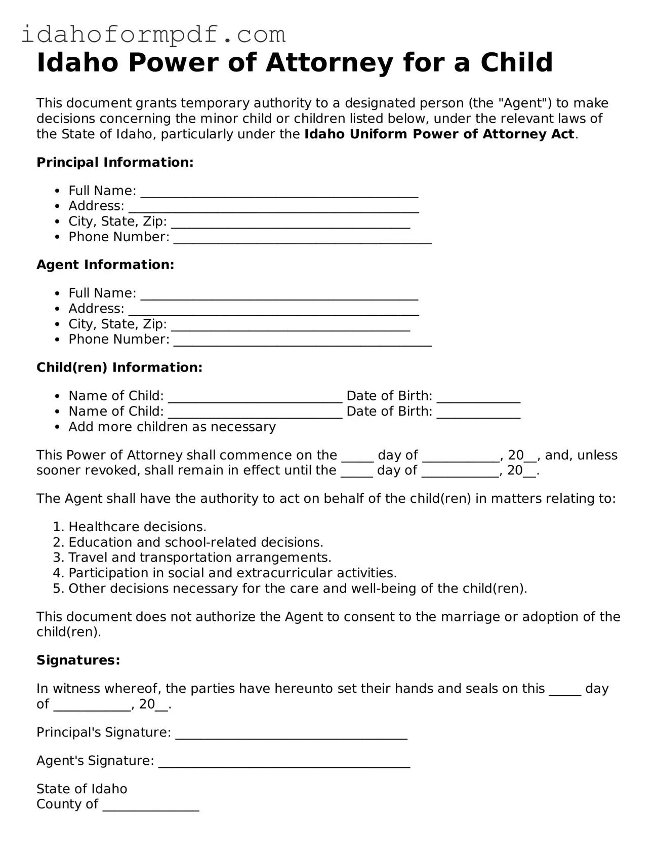 Attorney-Approved  Power of Attorney for a Child Template for Idaho