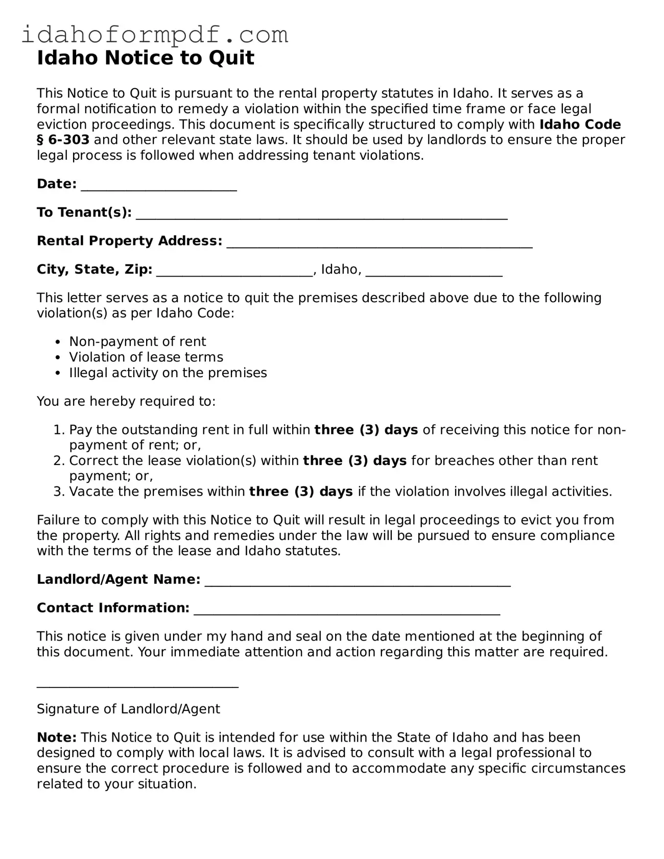 Attorney-Approved  Notice to Quit Template for Idaho
