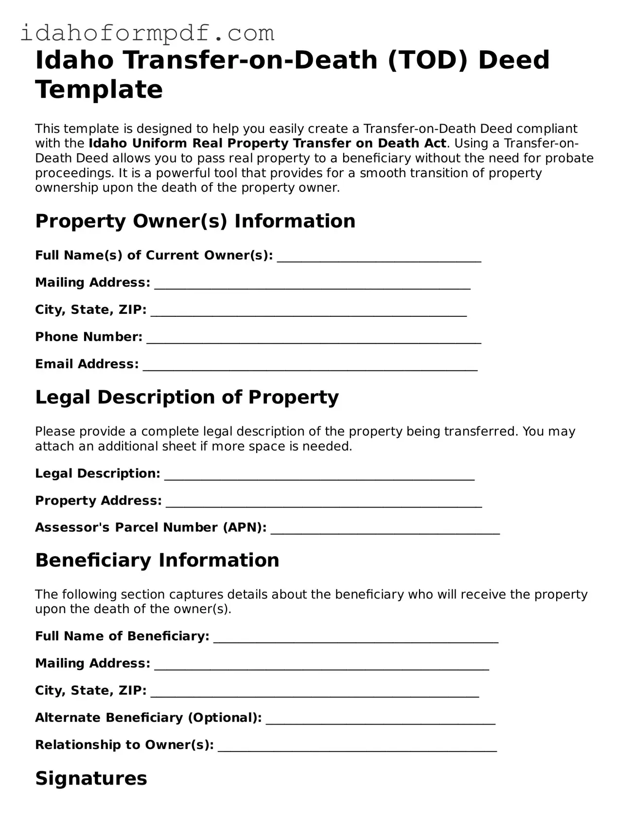 Attorney-Approved  Transfer-on-Death Deed Template for Idaho