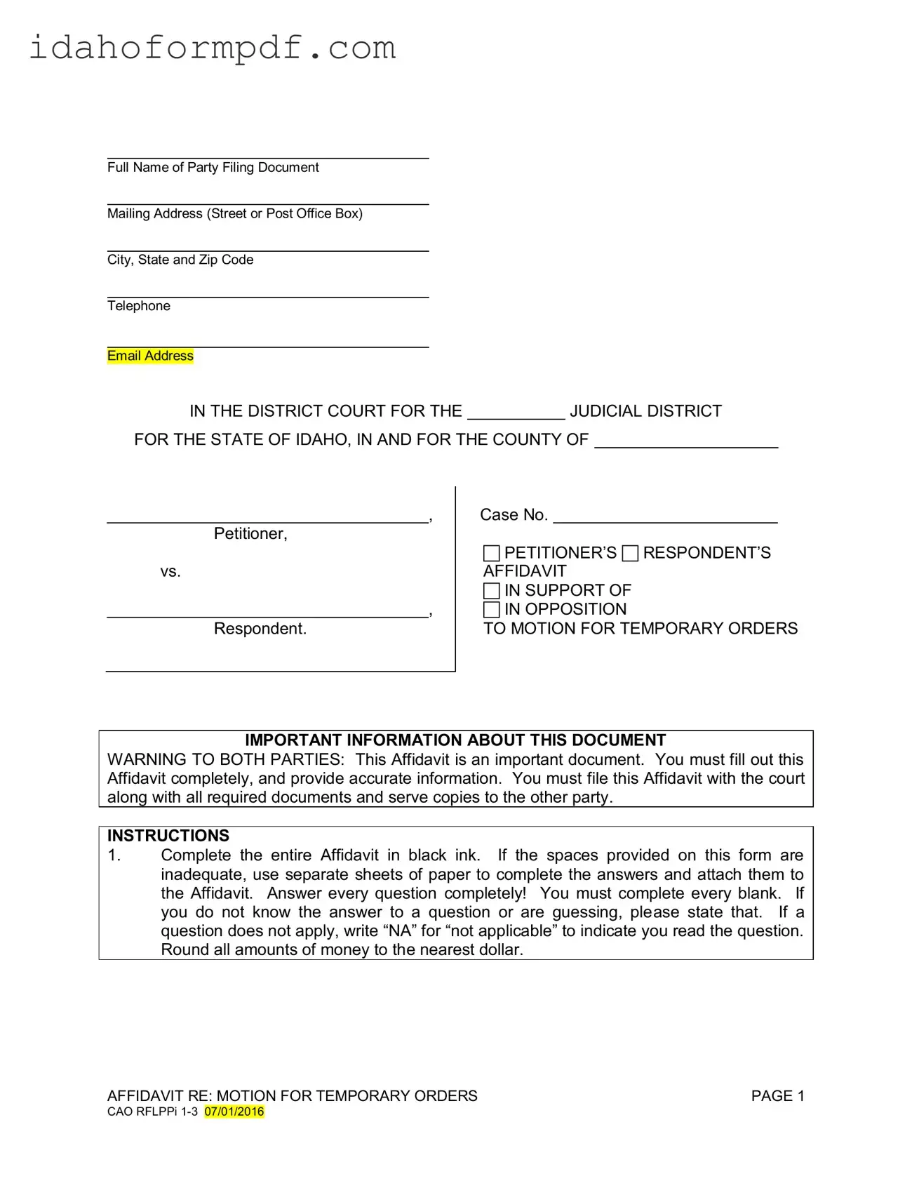 Fill in a Valid Motion For Temporary Orders Idaho Template