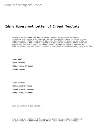 Attorney-Approved  Homeschool Letter of Intent Template for Idaho