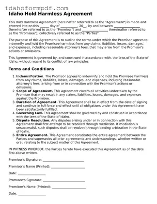 Attorney-Approved  Hold Harmless Agreement Template for Idaho