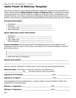 Attorney-Approved  Power of Attorney Template for Idaho