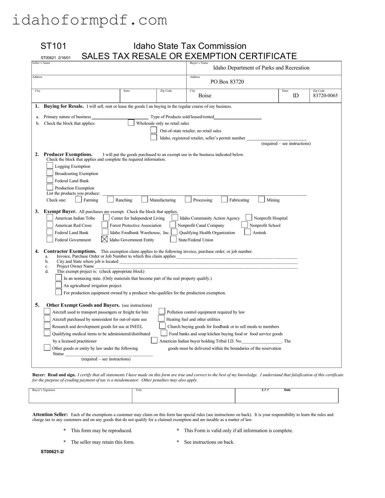 Fill in a Valid St 101 Idaho Template